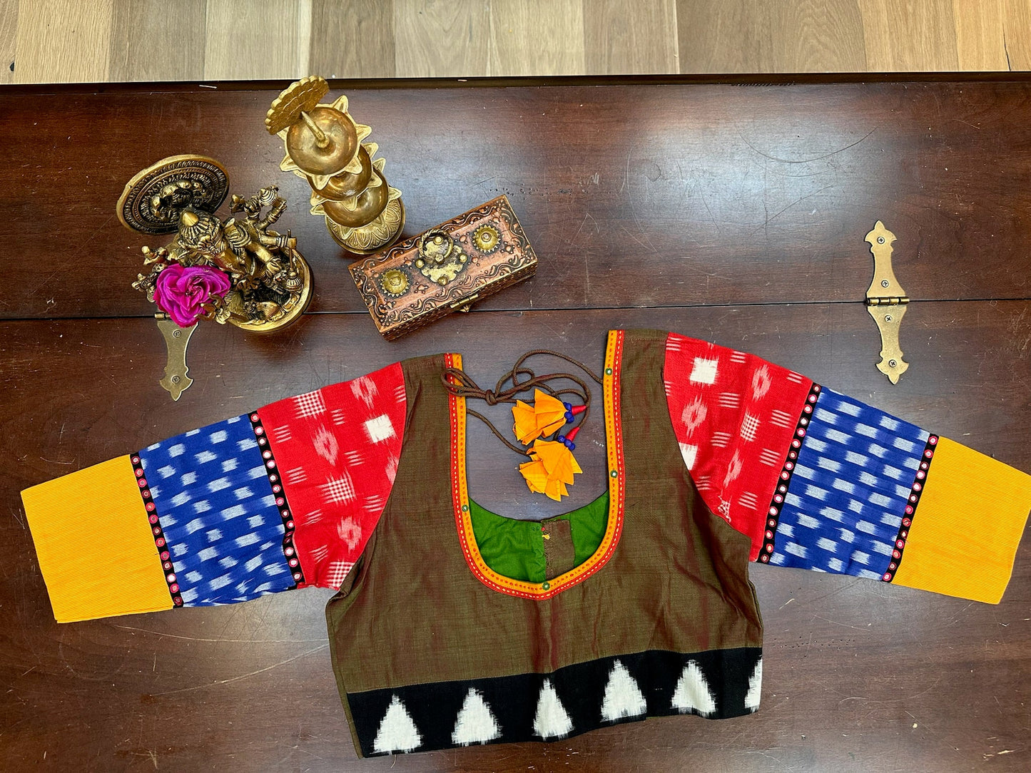 Handcrafted Ikat Designer handloom Blouse in Olive Green with Statement Sleeves