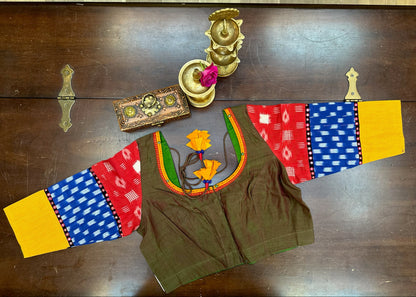 Handcrafted Ikat Designer handloom Blouse in Olive Green with Statement Sleeves