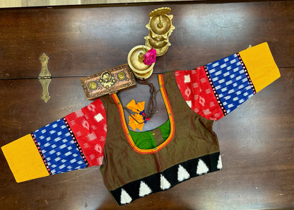 Handcrafted Ikat Designer handloom Blouse in Olive Green with Statement Sleeves