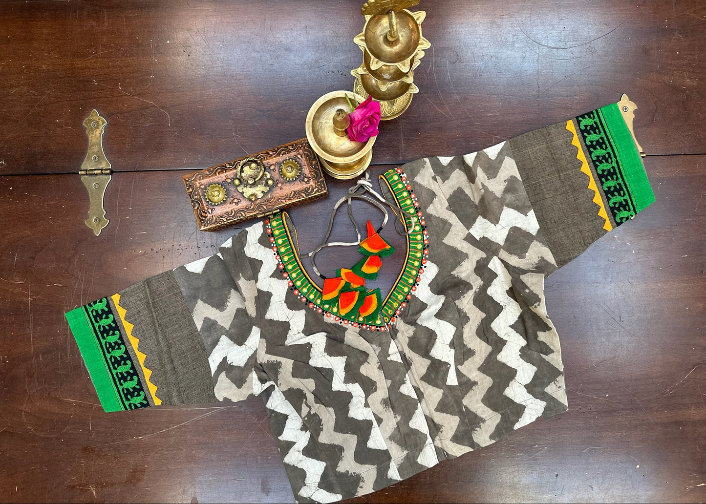 Handcrafted Ikat Designer Blouse in Charcoal Grey with Embroidered Neckline