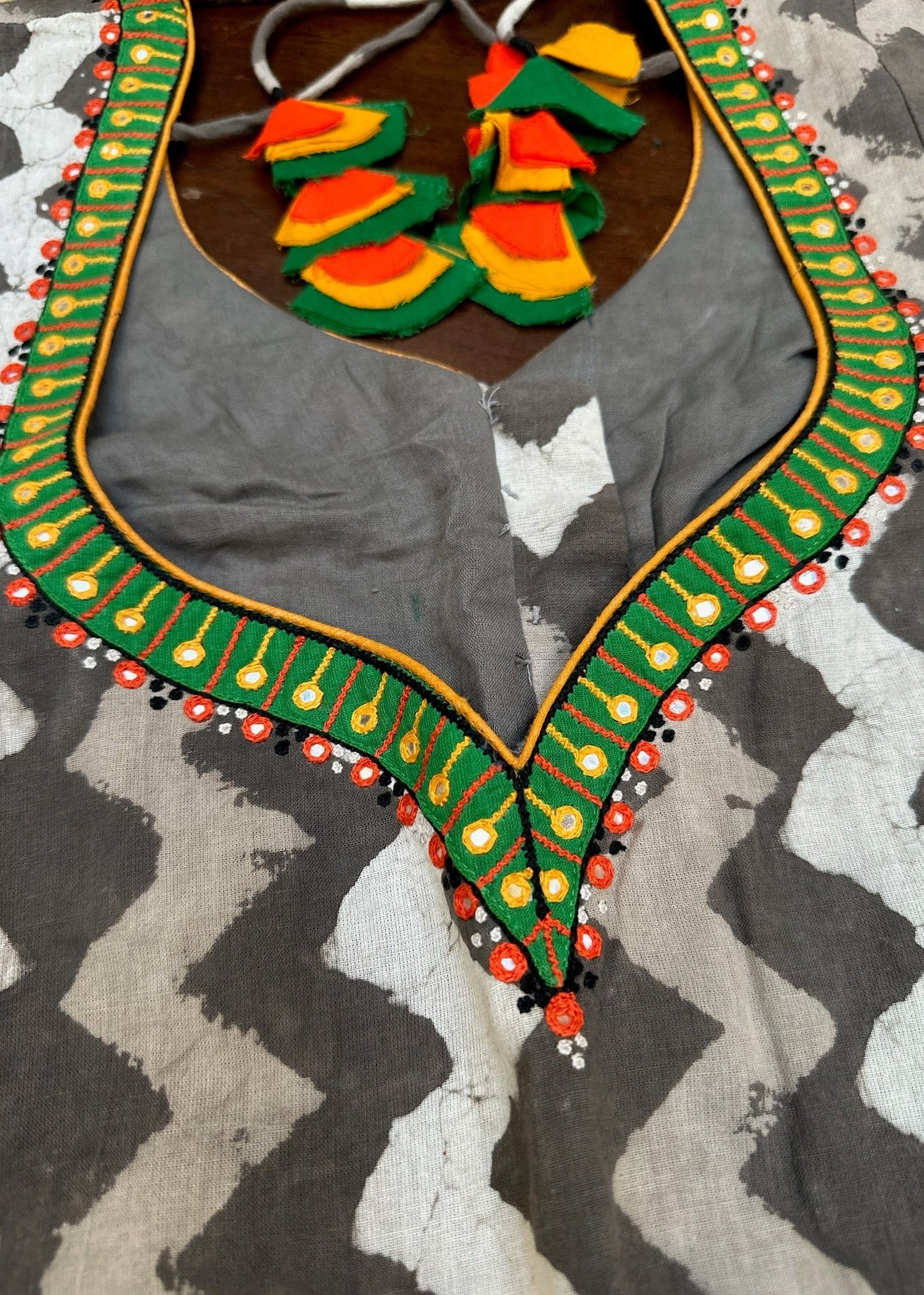 Handcrafted Ikat Designer Blouse in Charcoal Grey with Embroidered Neckline
