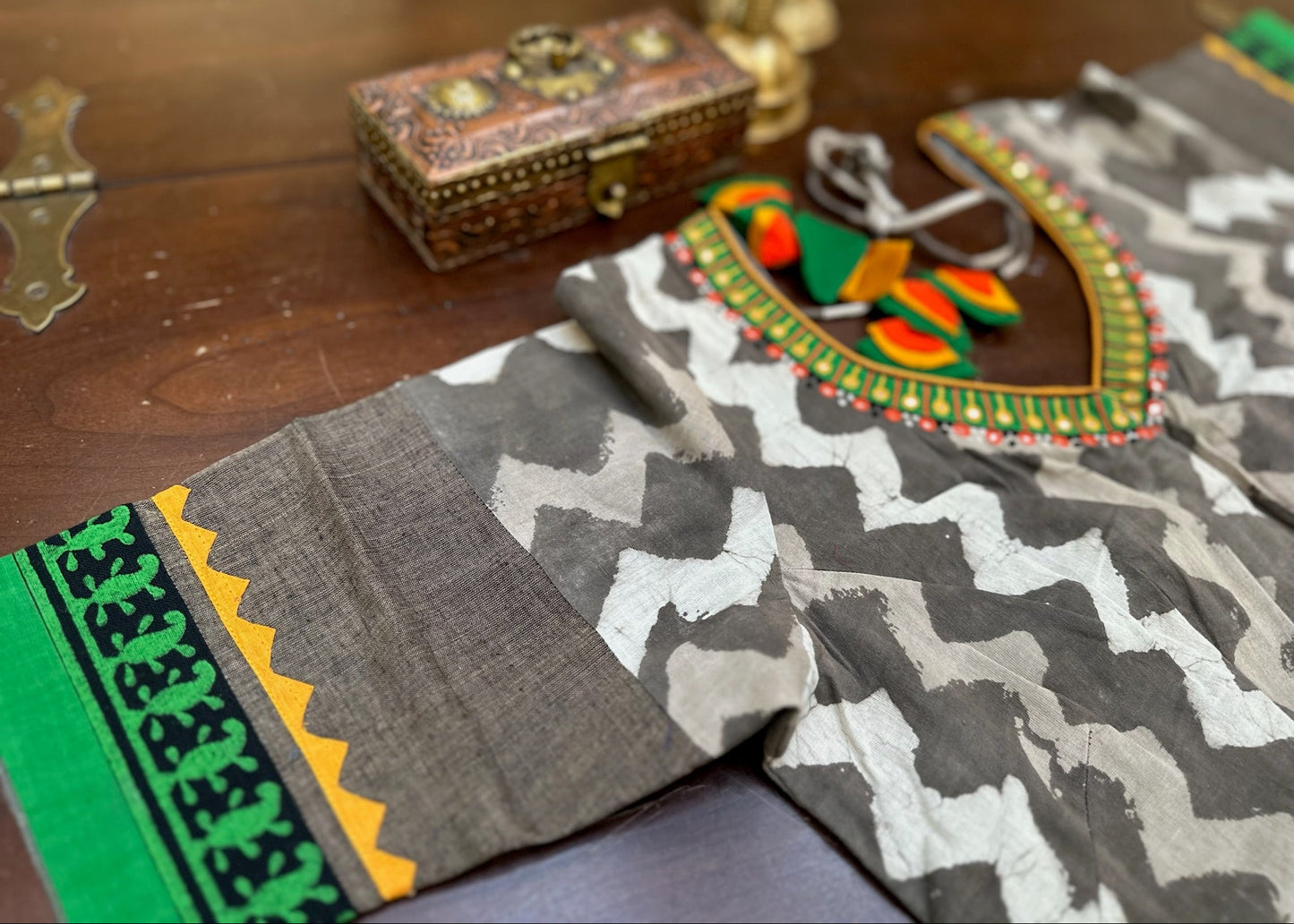Handcrafted Ikat Designer Blouse in Charcoal Grey with Embroidered Neckline