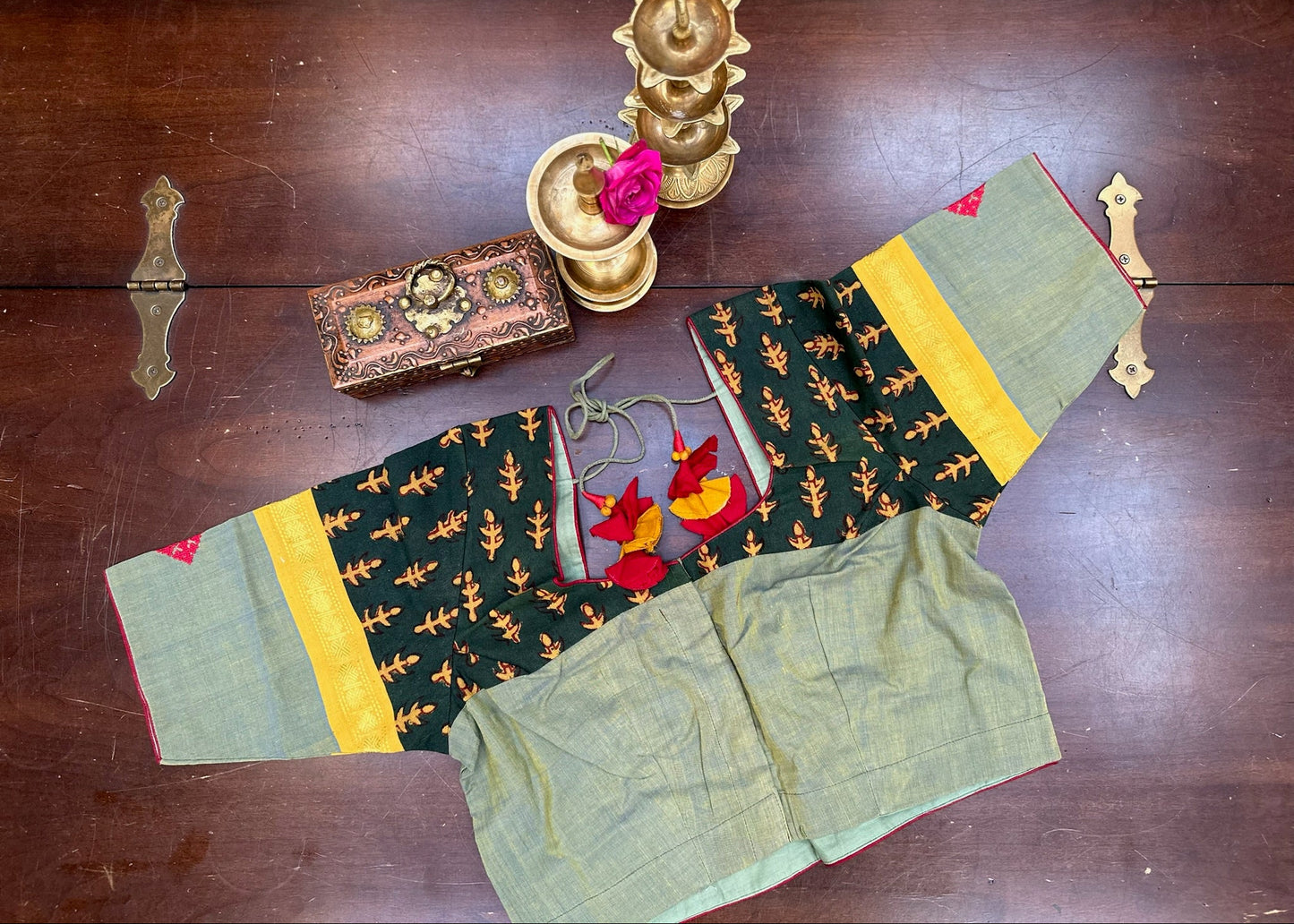 Handcrafted Designer  handloom Blouse in Sage Green with Printed Panels & Embroidered Motifs
