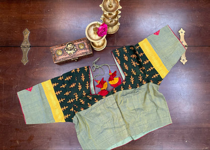 Handcrafted Designer  handloom Blouse in Sage Green with Printed Panels & Embroidered Motifs