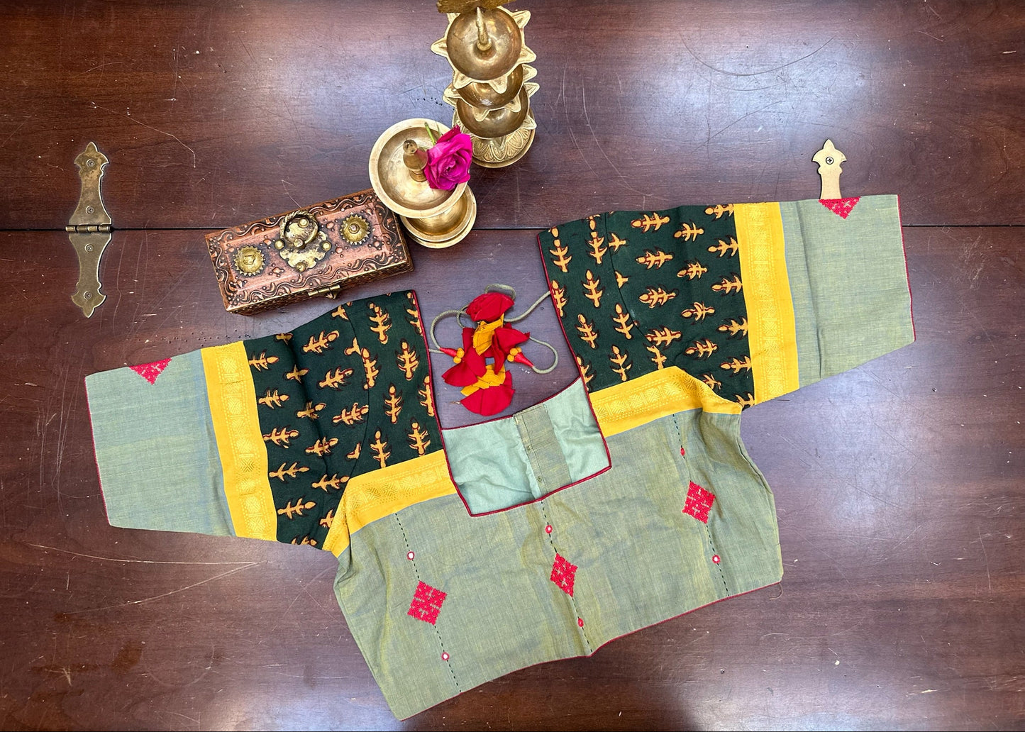 Handcrafted Designer  handloom Blouse in Sage Green with Printed Panels & Embroidered Motifs