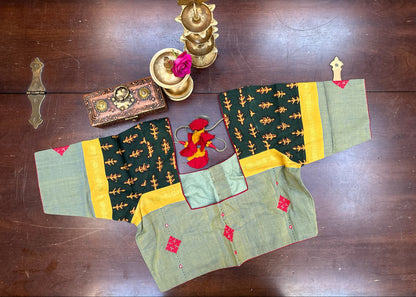 Handcrafted Designer  handloom Blouse in Sage Green with Printed Panels & Embroidered Motifs