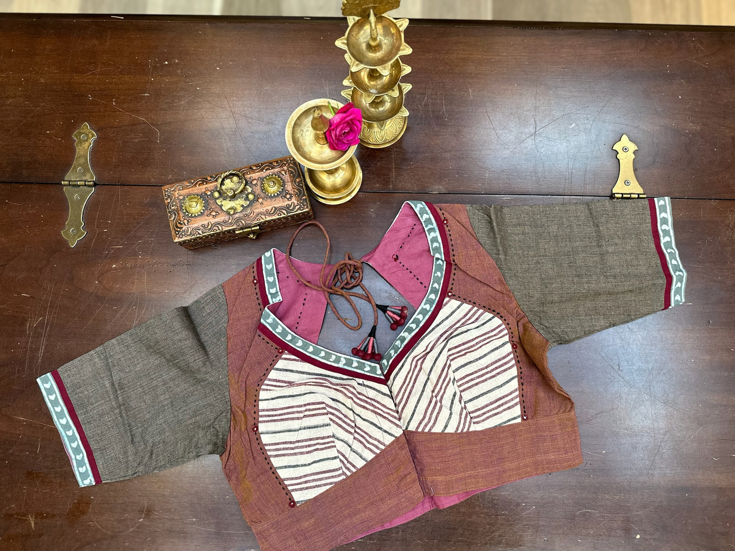 Handcrafted Designer handloom Blouse in Rust Brown with Panelled Weave & Artisan Neckline