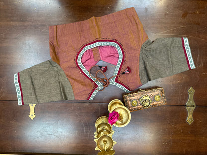 Handcrafted Designer handloom Blouse in Rust Brown with Panelled Weave & Artisan Neckline