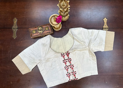 Handcrafted Ivory Designer Blouse with Temple Floral Embroidery