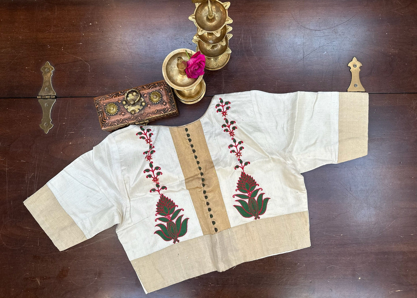 Handcrafted Ivory Designer Blouse with Temple Floral Embroidery