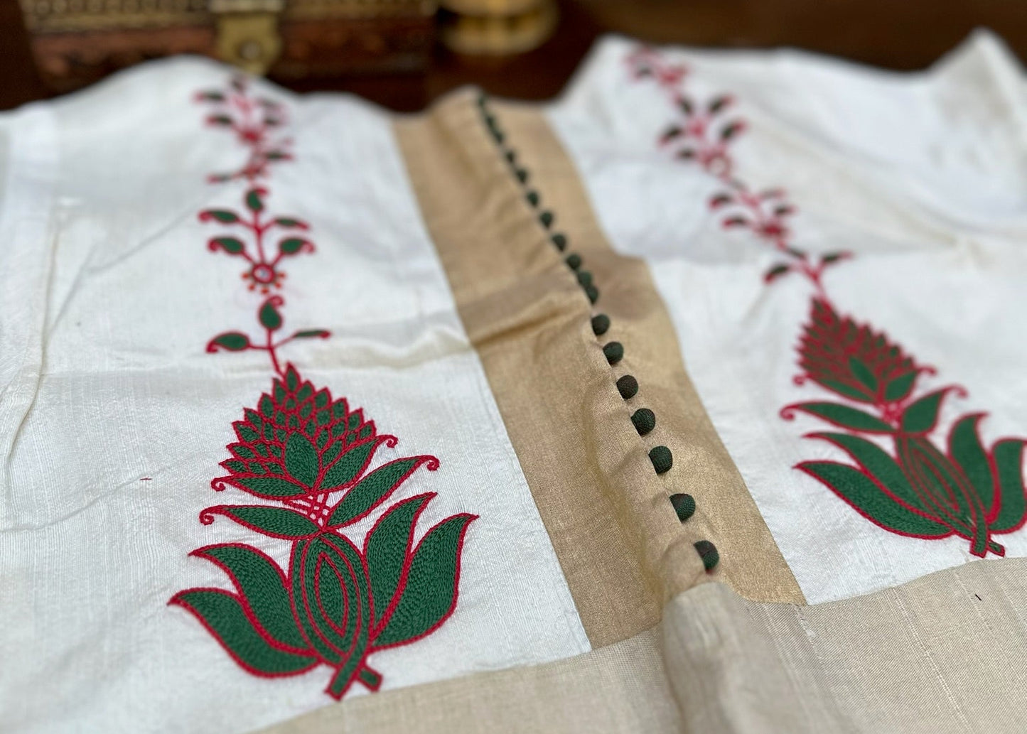 Handcrafted Ivory Designer Blouse with Temple Floral Embroidery
