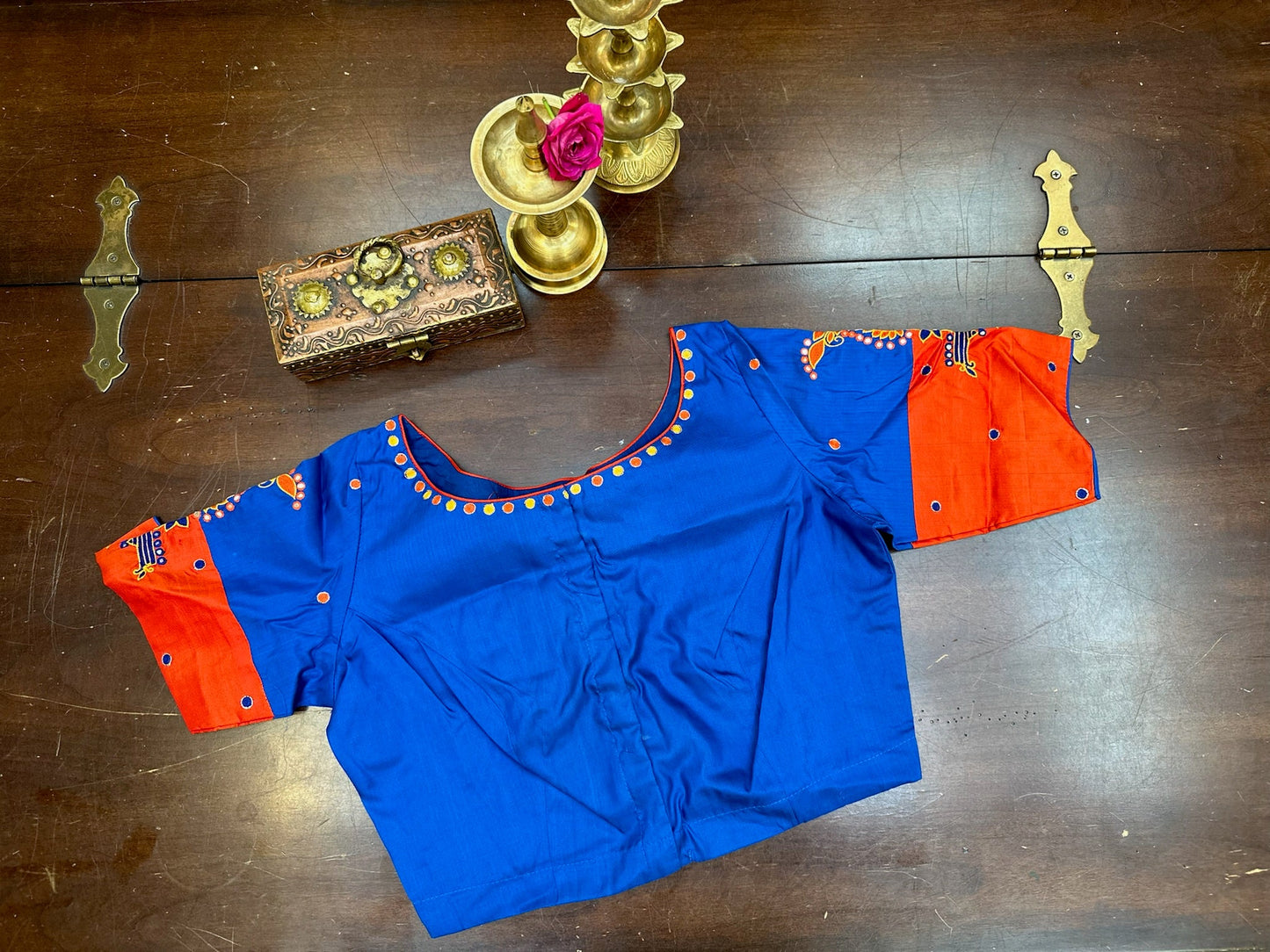 Royal Blue Silk Designer Blouse with Vermilion Red Sleeves & Handcrafted Motifs