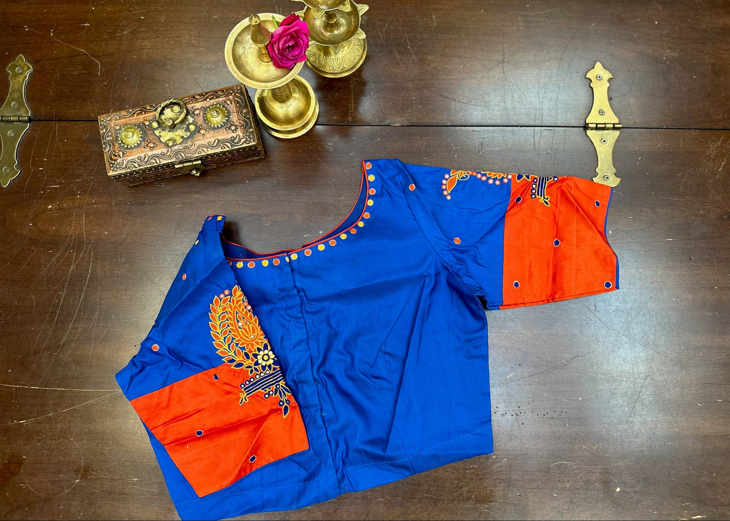 Royal Blue Silk Designer Blouse with Vermilion Red Sleeves & Handcrafted Motifs