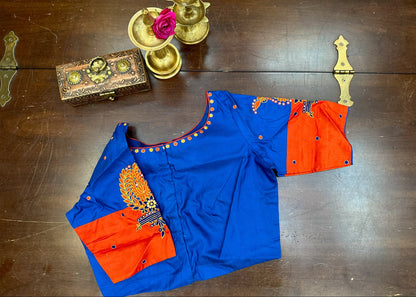 Royal Blue Silk Designer Blouse with Vermilion Red Sleeves & Handcrafted Motifs
