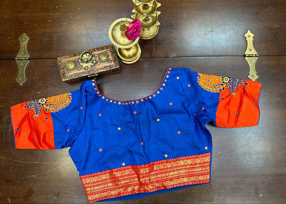 Royal Blue Silk Designer Blouse with Vermilion Red Sleeves & Handcrafted Motifs