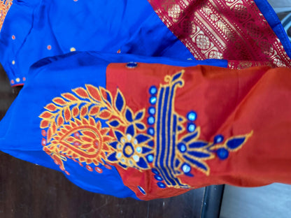 Royal Blue Silk Designer Blouse with Vermilion Red Sleeves & Handcrafted Motifs