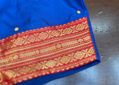 Royal Blue Silk Designer Blouse with Vermilion Red Sleeves & Handcrafted Motifs