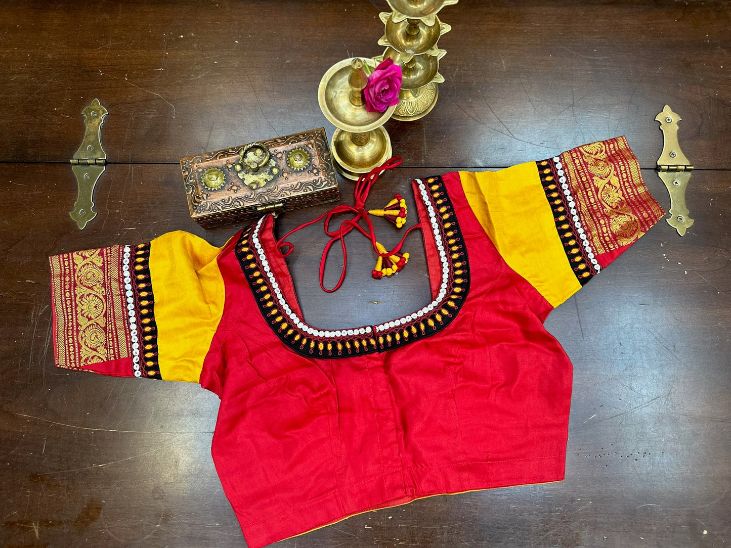 Red & Mustard Designer Silk Blouse with Traditional Border Sleeves
