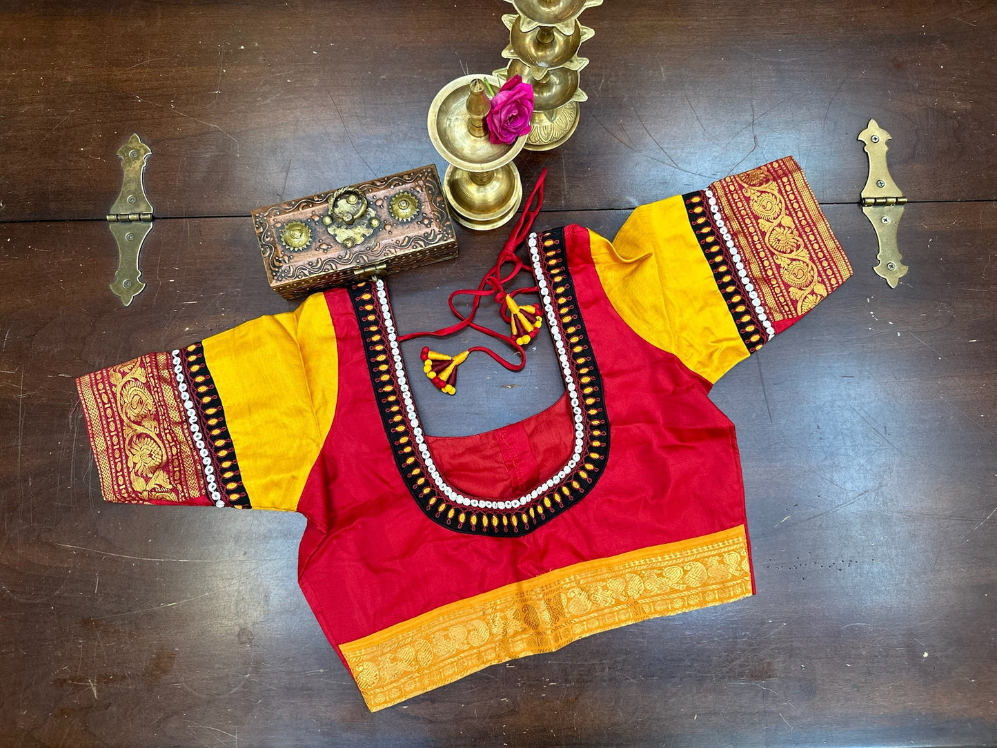Red & Mustard Designer Silk Blouse with Traditional Border Sleeves