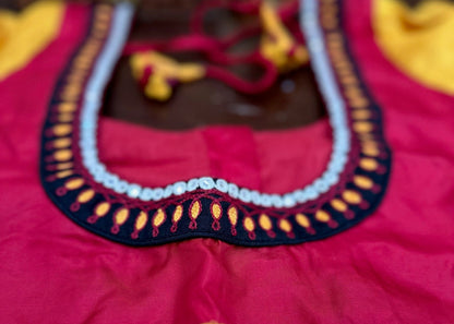 Red & Mustard Designer Silk Blouse with Traditional Border Sleeves