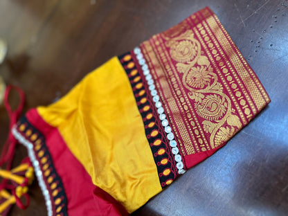 Red & Mustard Designer Silk Blouse with Traditional Border Sleeves