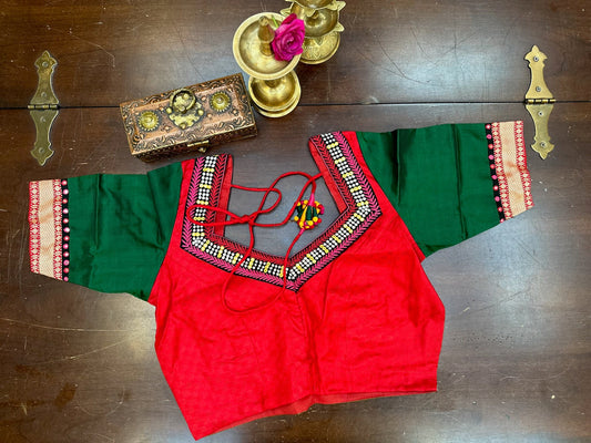 Red & Emerald Green Pure Silk Designer Blouse with Mirror Work Border