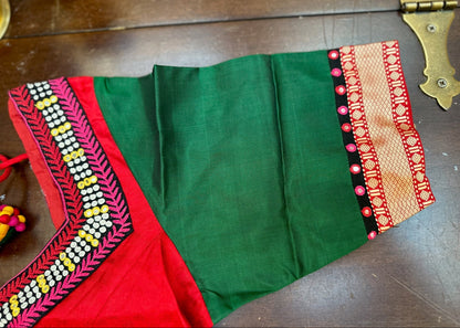 Red & Emerald Green Pure Silk Designer Blouse with Mirror Work Border