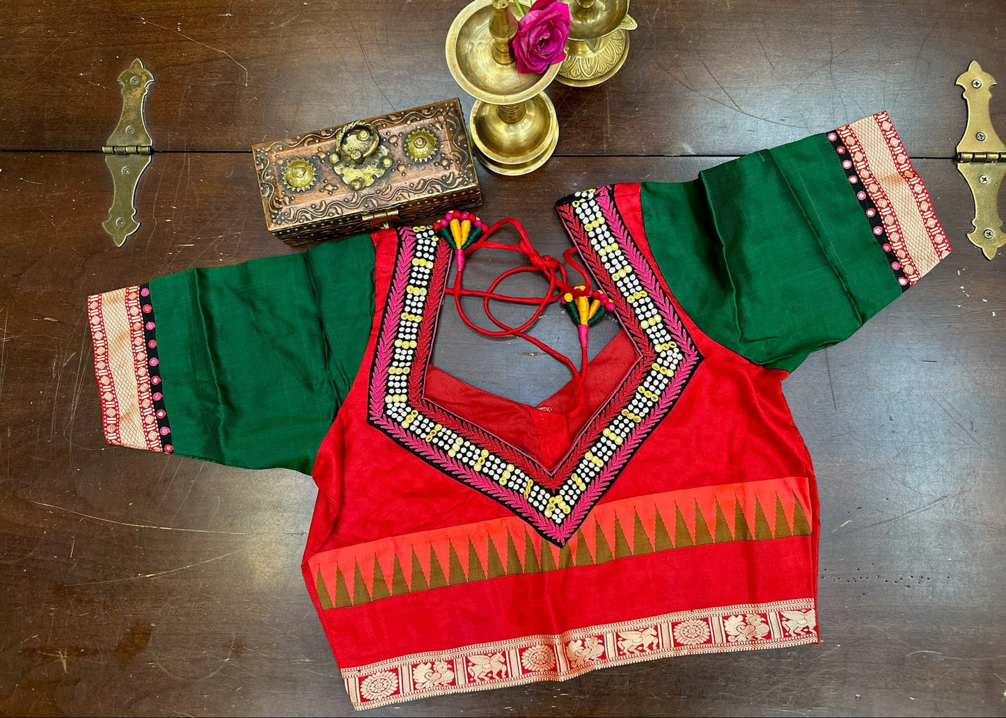 Red & Emerald Green Pure Silk Designer Blouse with Mirror Work Border