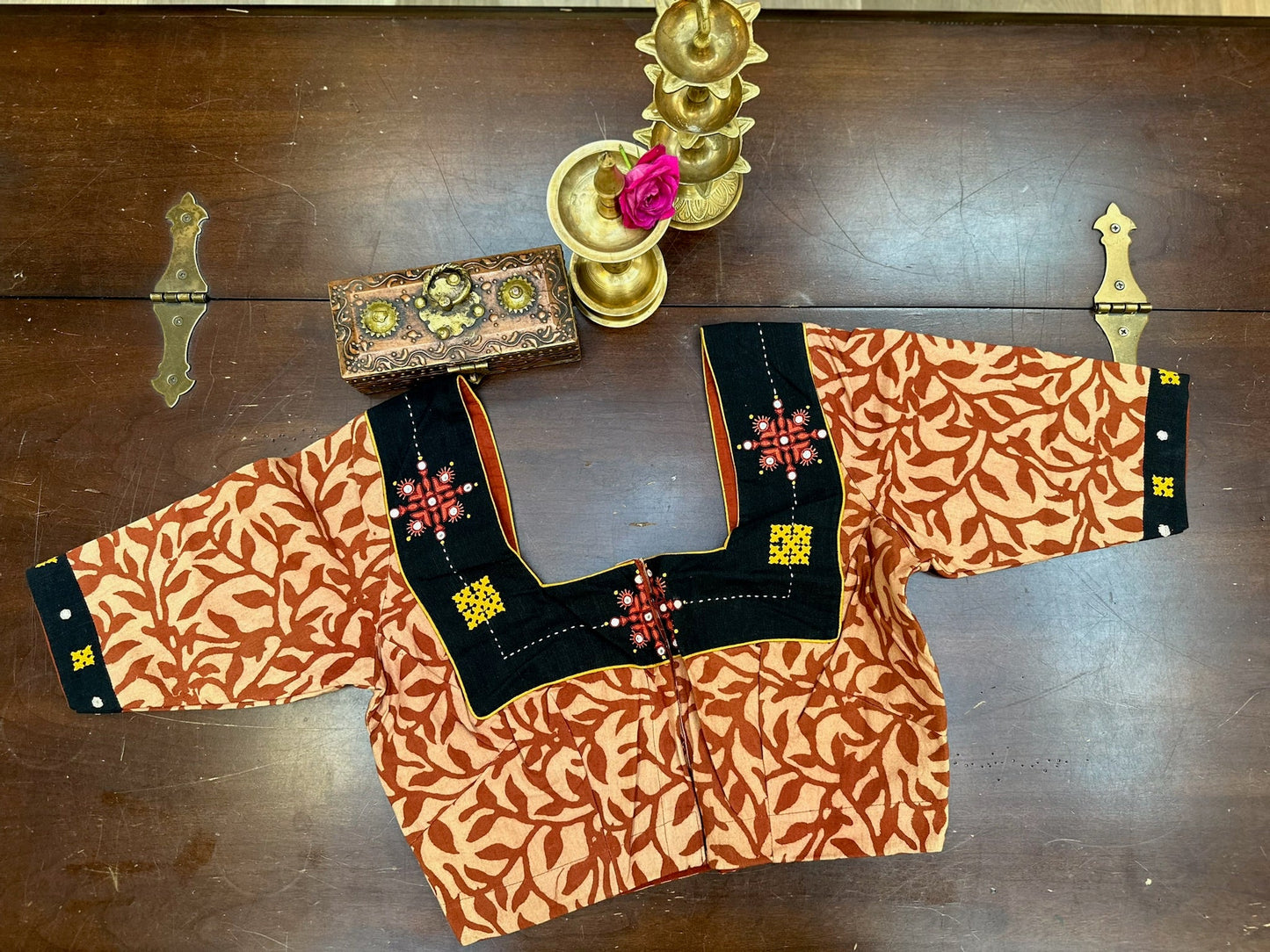 Traditional Artwork Blouse in Rust Brown with Handcrafted Tribal Motifs