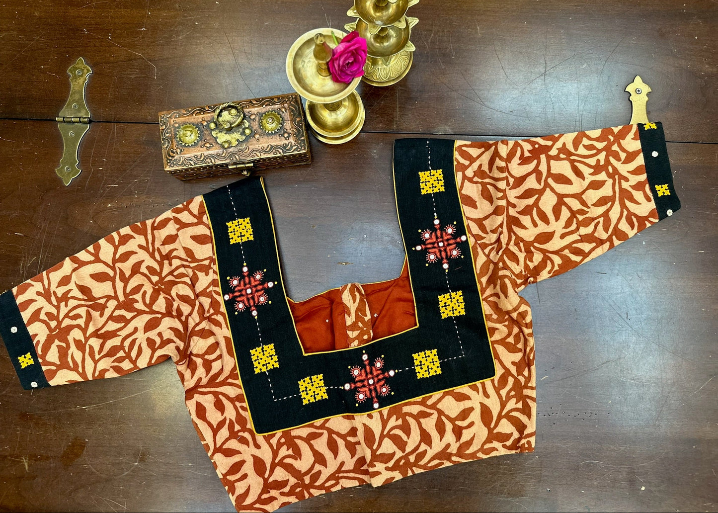 Traditional Artwork Blouse in Rust Brown with Handcrafted Tribal Motifs