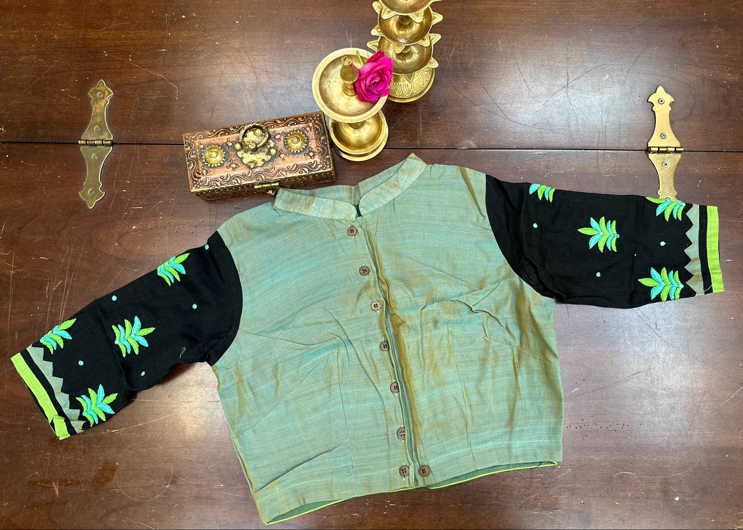 Artisan-Crafted Traditional Artwork Blouse in Black & Sage Green | Hand-Embroidered Heritage Design