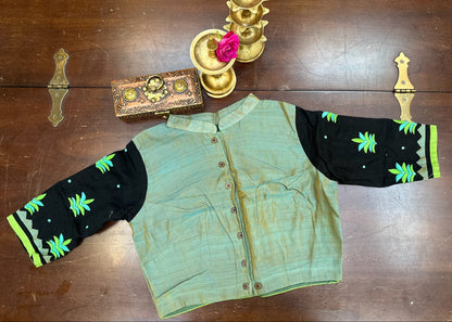 Artisan-Crafted Traditional Artwork Blouse in Black & Sage Green | Hand-Embroidered Heritage Design