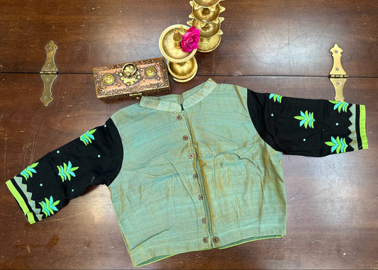 Artisan-Crafted Traditional Artwork Blouse in Black & Sage Green | Hand-Embroidered Heritage Design