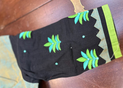 Artisan-Crafted Traditional Artwork Blouse in Black & Sage Green | Hand-Embroidered Heritage Design
