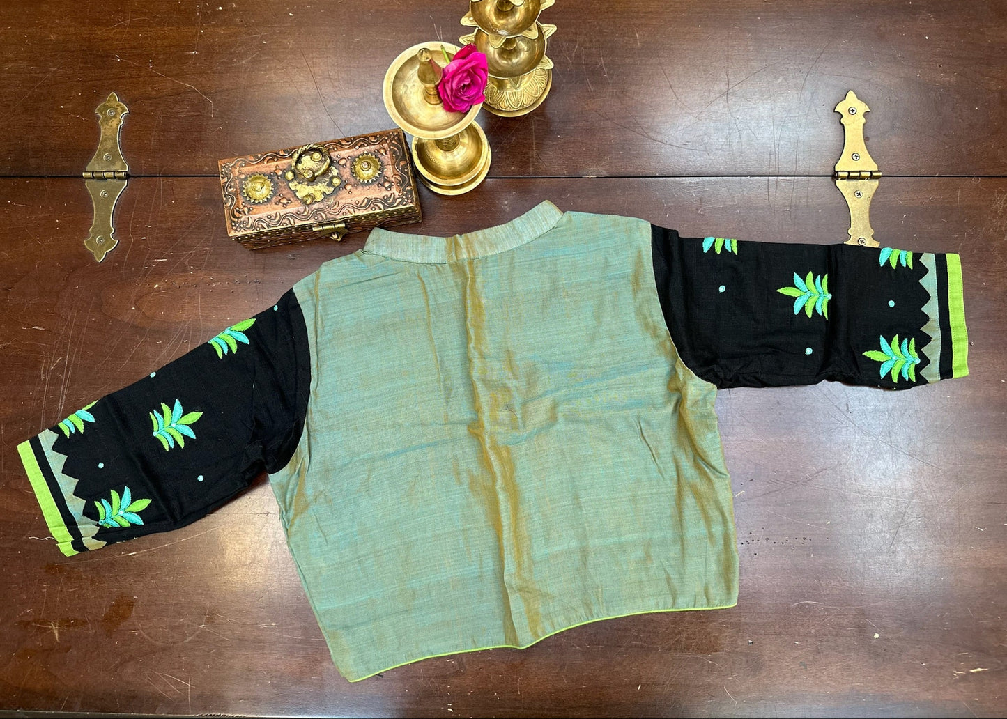 Artisan-Crafted Traditional Artwork Blouse in Black & Sage Green | Hand-Embroidered Heritage Design