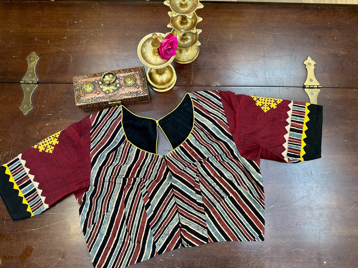 Traditional Artisan Artwork Blouse in Maroon & Indigo Handloom Panels