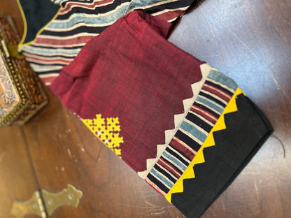 Traditional Artisan Artwork Blouse in Maroon & Indigo Handloom Panels