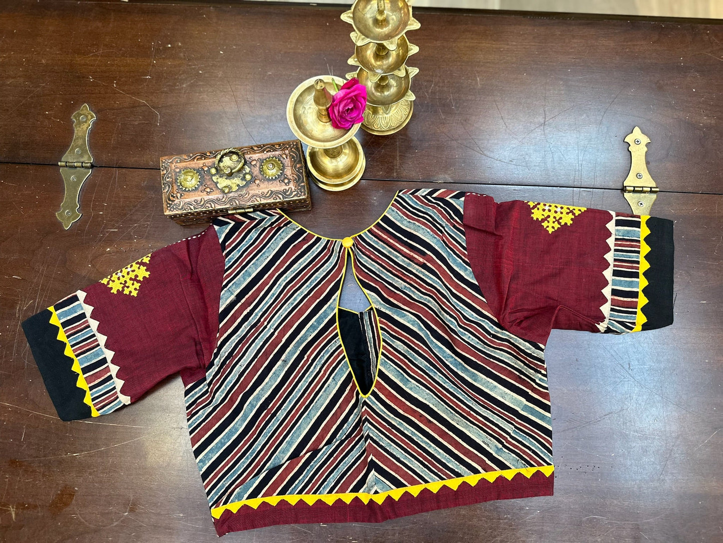 Traditional Artisan Artwork Blouse in Maroon & Indigo Handloom Panels