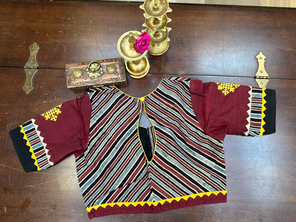 Traditional Artisan Artwork Blouse in Maroon & Indigo Handloom Panels