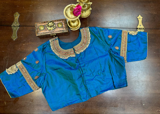 Royal Peacock Blue Hand-Embroidered Silk Designer Blouse