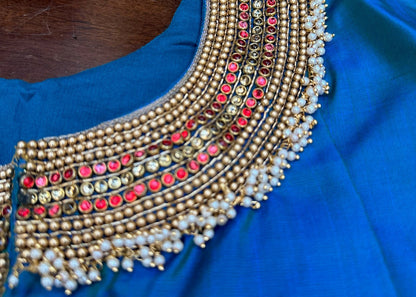 Royal Peacock Blue Hand-Embroidered Silk Designer Blouse