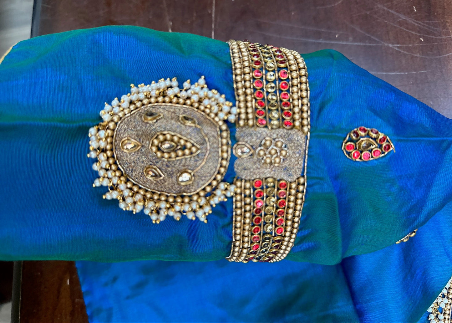Royal Peacock Blue Hand-Embroidered Silk Designer Blouse
