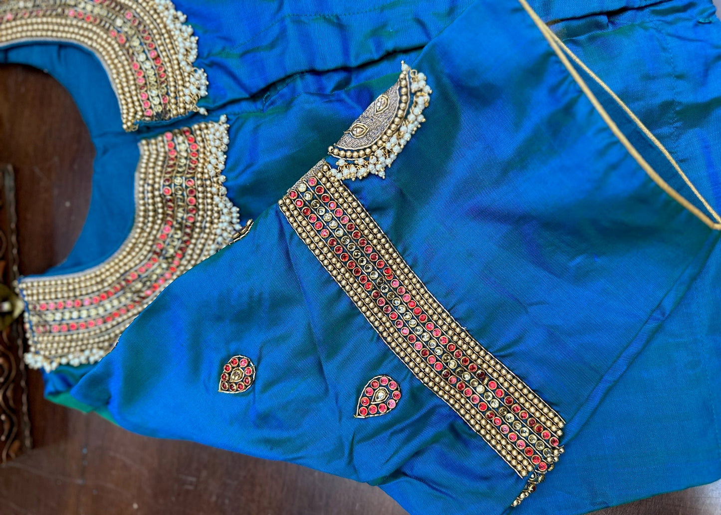 Royal Peacock Blue Hand-Embroidered Silk Designer Blouse