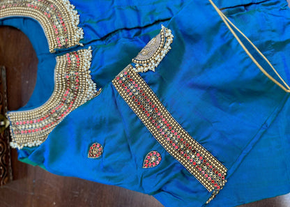Royal Peacock Blue Hand-Embroidered Silk Designer Blouse