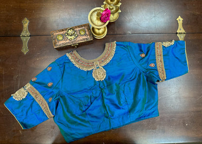 Royal Peacock Blue Hand-Embroidered Silk Designer Blouse