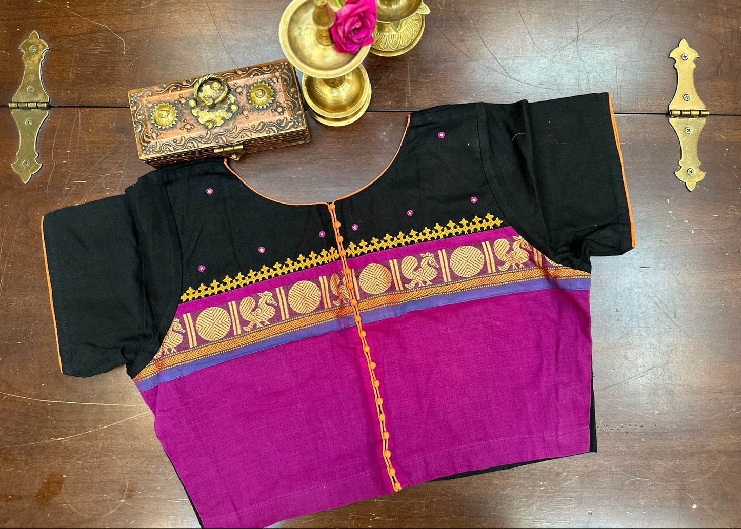 Handloom Artisan Cotton Blouse with Traditional Woven Artwork Border