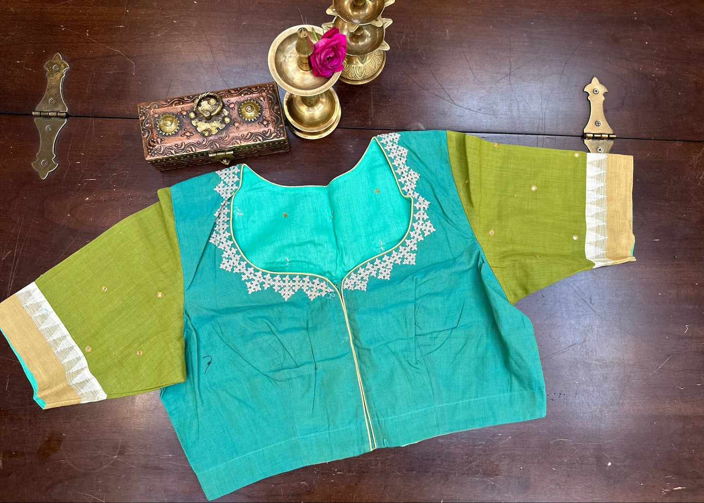 Teal & Olive Handloom Cotton-Silk Traditional Artwork Blouse with Heritage Embroidery