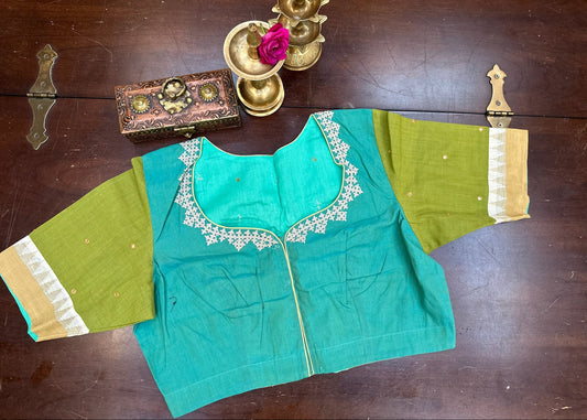 Teal & Olive Handloom Cotton-Silk Traditional Artwork Blouse with Heritage Embroidery