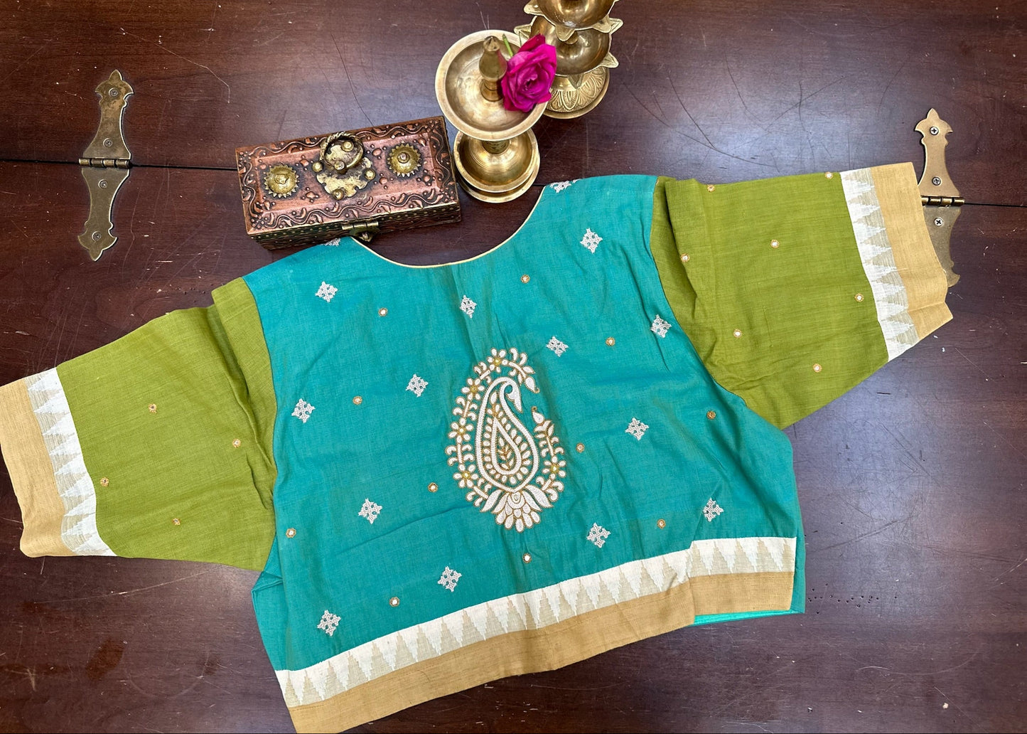 Teal & Olive Handloom Cotton-Silk Traditional Artwork Blouse with Heritage Embroidery