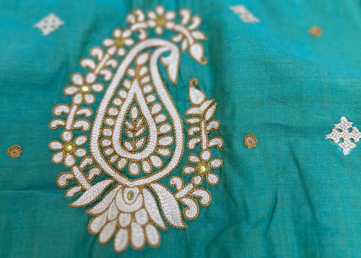 Teal & Olive Handloom Cotton-Silk Traditional Artwork Blouse with Heritage Embroidery